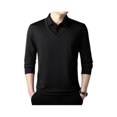 Imagem de Camisa Polo Masculina Casual Elegante De Manga Longa Em Cor Sólida, To