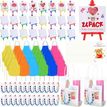 Imagem de AmazingSpark 24 Set Valentine's Day Mini Watercolor Paint Set Bulk with Easel, Canvas, 12 Colors Watercolor Palette, Brush, Clear Bag, Gift Card, Painting Apron for Party Art Supplies (Multicolors)