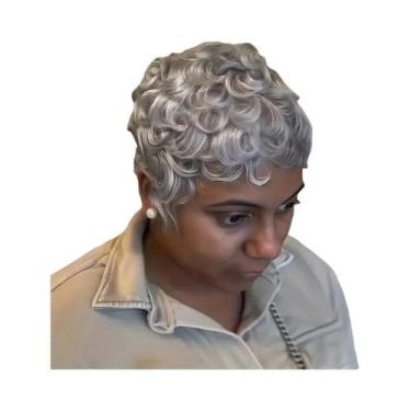 Imagem de Peruca De Cabelo Humano Cinza Com Corte Pixie Solto E Cacheado, Totalm