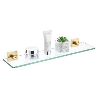 Imagem de KOKOSIRI Prateleiras de parede, prateleira flutuante de vidro temperado, 50 cm, ferragens para banheiro, cozinha, suporte para pendurar no chuveiro, aço inoxidável dourado escovado B1107BG-L20
