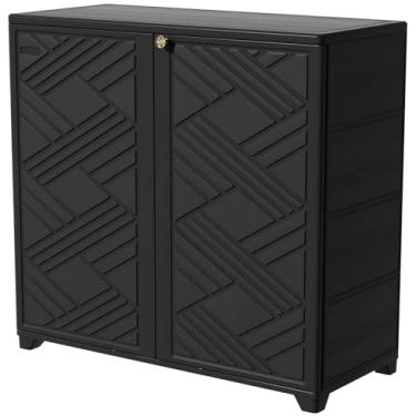 Imagem de KINYING INYING Armário de armazenamento externo à prova d'água com 2 prateleiras, galpão de armazenamento de resina de 60 galões para pátio/jardim/quintal, caixa de armazenamento ao ar livre para