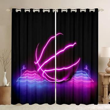 Imagem de Erosebridal Cortinas de basquete brilhantes para meninos e meninas crianças cortinas blackout neon gradiente quadra de basquete cortinas de janela para jogos esportivos 76Lx45L decoração azul e rosa