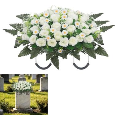 Imagem de Wocst Sela de flor de lápide, flores de cemitério artificiais grandes para sepulturas artificiais de rosas e margaridas para lápide de cemitério (branca)
