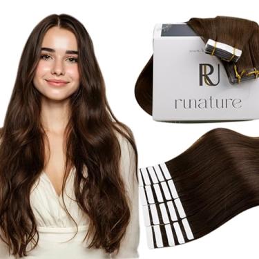 Imagem de RUNATURE Extensões de cabelo humano com fita adesiva em extensões de cabelo humano fita dupla face grossa Remy fita em extensões cabelo liso curto 30 g 20 peças 20 polegadas #4 marrom chocolate
