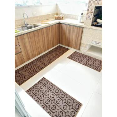 Imagem de Tapete de Cozinha Jogo 3 Peças Geométrico - New Shop Textil, Marrom At