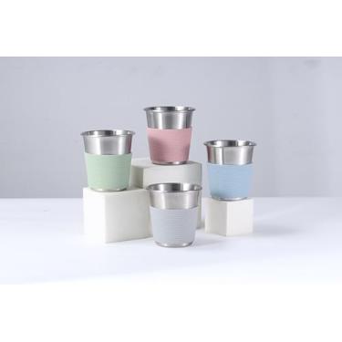 Imagem de HaWare Copos de aço inoxidável para crianças com mangas de silicone, copo de metal, copos infantis, copos de aço inoxidável para acampamento, copos empilháveis de metal durável, azul + verde + rosa +