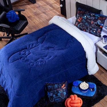 Imagem de Kit Coberdrom Cobertor Queen Game Win Azul Marinho Dupla Face Com Fronhas 03 Peças - Tecido Mantinha E Sherpa