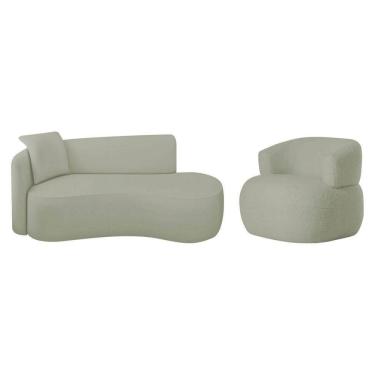 Imagem de Kit Divã Recamier 180cm E Poltrona Luxo Suíça Lado Direito Bouclé Verde Oliva
