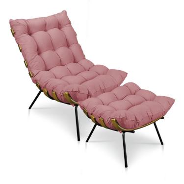 Imagem de Kit Poltrona Costela Com Puff Para Sala Veludo Rosa Neros Interiores