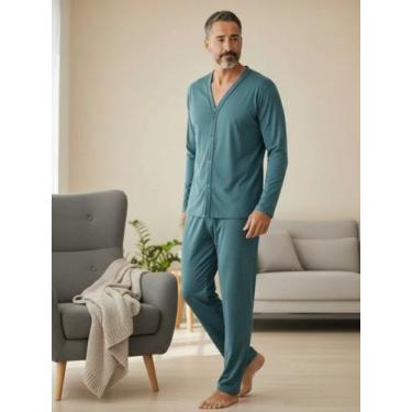 Imagem de Pijama Masculino Aberto com Botão Manga Longa e Calça Comprida Inverno