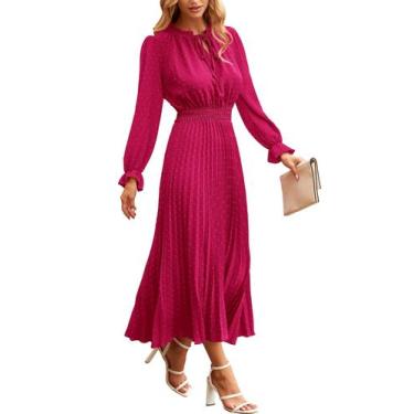 Imagem de Vestido PRETTYGARDEN Swiss Dot com Amarração Decote V Manga Longa Verm