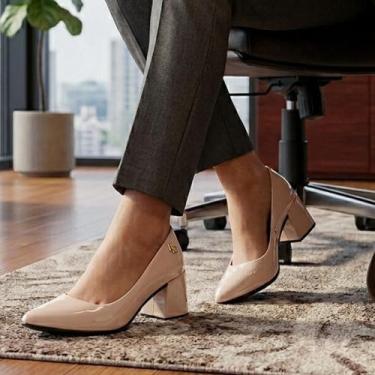 Imagem de Scarpin Feminino Salto Bloco Confortável Bico Fino Verniz - LAZZLU, Nu