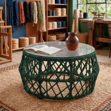 Imagem de Mesa de Centro com Tampo de Vidro em Aço e Corda Náutica Verde Aruá