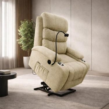 Imagem de Poltrona Lift Austin Reclinável Massagem Elevação USB Linho Bege Gran Belo