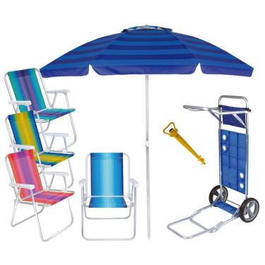 Imagem de Kit Praia Carrinho Com Avanço + 4 Cadeira Alumínio Alta + Guarda Sol 2m + Saca Areia - Mor