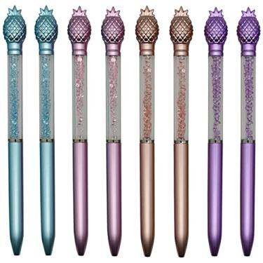 Imagem de Maydahui 12 peças Abacaxi Cristal Bling Caneta Esferográfica Retrátil Pedra de Frutas Canetas de Areia movediça Tinta Preta para Meninas Material de Escritório Escolar