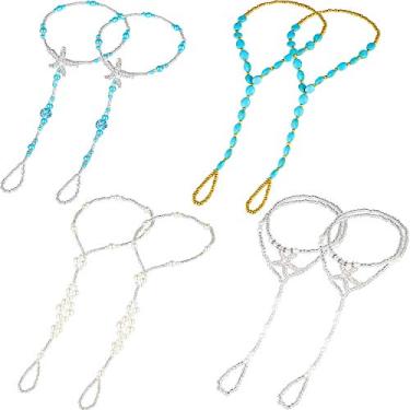 Imagem de 4 pares de sandálias de praia descalço para mulheres meninas joias para pés estrelas do mar pérolas turquesa com contas elásticas, Pérolas sintéticas e contas acrílicas