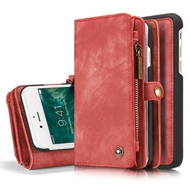 Imagem de Capa carteira para iPhone 7 e iPhone 8 para mulheres homens meninas durável 2 em 1 PU de couro premium destacável com 11 compartimentos para porta-cartões bolsa com zíper magnético flip cordão alça alça de pulso (vermelha)