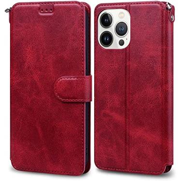 Imagem de RAYESS Capa para iPhone 14/14 Plus/14 Pro/14 Pro Max, capa de telefone flip de couro de qualidade com [slots de cartão] [suporte de visualização horizontal] [moldura durável] (Cor: vermelho, tamanho: 14 Pro 6,1 polegadas)