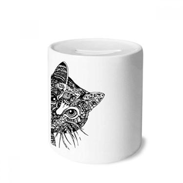 Imagem de DIYthinker Caixa de cerâmica com desenho de linha, cabeça de gato preta, caixa de dinheiro com porta-moedas