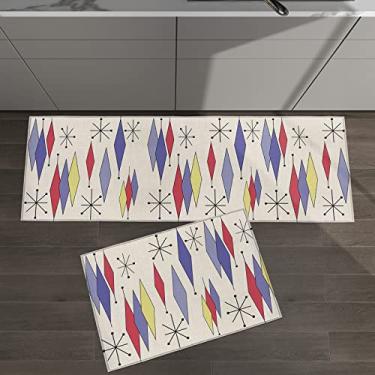 Imagem de Conjunto de 2 tapetes de cozinha retrô geométrico de meados do século diamante amarelo roxo malva para tapetes acolchoados e tapetes antiderrapantes absorventes corredor confortável tapete de pé