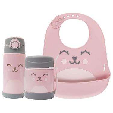 Imagem de Kit Refeição Infantil 3 Peças Pote Térmico Garrafa Térmica e Babador Silicone com Pega Migalhas Buba Gumy (Rosa)