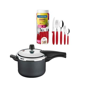 Imagem de Kit - Panela De Pressão 4,5 Vancouver Grafite + 1 Faqueiro Vermelho 30pç - Tramontina