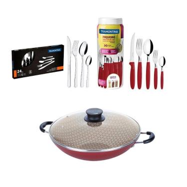 Imagem de Kit - Panela Wok 36 Cm Vermelho + 1 Faqueiro Vermelho 30pç + 1 Faqueiro Inox 24pç - Tramontina