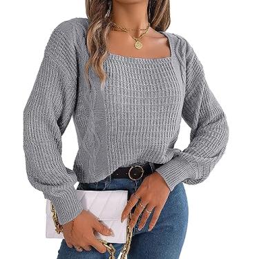 Imagem de Suéter feminino de malha com gola quadrada manga longa lanterna manga torcida casual suéter de cor sólida, Cinza, M