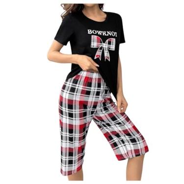 Imagem de Milumia Conjunto de pijama feminino xadrez de 2 peças, camiseta de manga curta e shorts bermudas, Preto, P