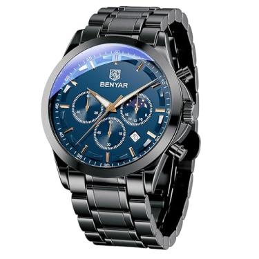 Imagem de BY BENYAR Relógios masculinos analógicos, à prova d'água, prata, quartzo, cronógrafo, data, aço inoxidável, casual, luxuoso, presentes para homens, exclusivo, Aço inoxidável - preto e azul,