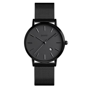 Imagem de SKMEI Relógios femininos pretos finos e luxuosos, vestidos de malha de aço inoxidável, à prova d'água, relógio de pulso feminino com data, Preto, relógio social