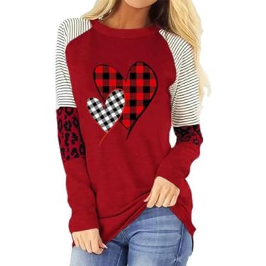 Imagem de Camiseta feminina para o Dia dos Namorados, estampa de leopardo, listrada, manga Raglans, estampa de coração, estampa de búfalo, estampa xadrez, Vermelho - E, XXG