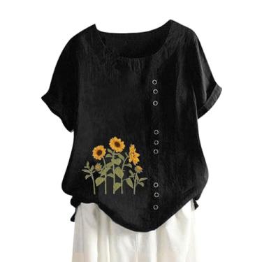 Imagem de Camiseta feminina de algodão e linho, caimento solto, casual, estampa floral, girassol, manga curta, abotoada, colete feminino, Preto, XXG