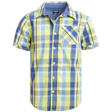 Imagem de DKNY Camisa para meninos - Camisa de botão de manga curta de ajuste clássico - Camisa casual com gola para meninos (4-20), Xadrez verde azul, 4