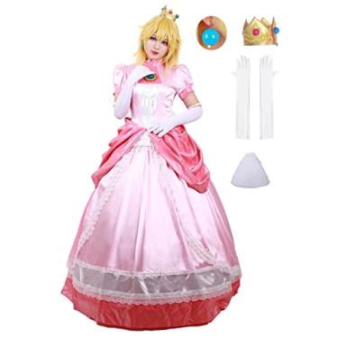Imagem de miccostumes Fantasia feminina de princesa cosplay conjunto completo com coroa anágua brincos e luvas, rosa, Large