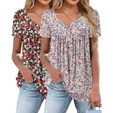 Imagem de 2 camisetas femininas de manga curta floral verão túnica 2024 casual gola redonda blusas soltas de chiffon, Azul carne, vermelho e branco, G