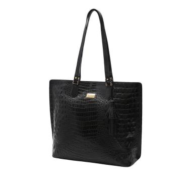 Imagem de Bolsa De Couro Legítimo Feminina Shopper Mariart Croco Preto