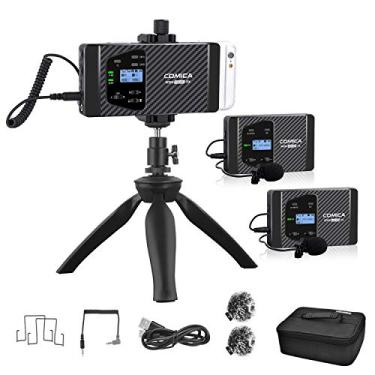Imagem de COMICA CVM-WS60 Combo sem fio duplo lapela lapela com UHF 12 canais, braçadeira universal para smartphone, alcance sem fio de 30 metros, microfone sem fio para smartphones e câmeras (2Tx+1Rx)