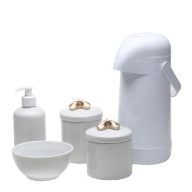 Imagem de Potes Garrafa Molhadeira e Porta Álcool Gel Lacinho Dourado - Potinho 