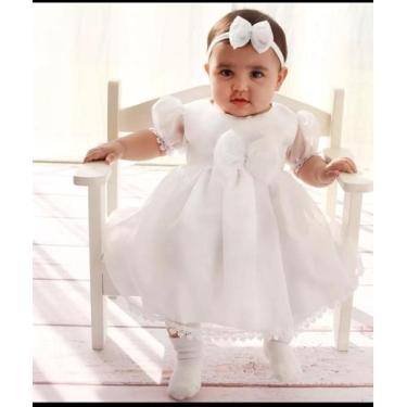 Imagem de Vestido de Bebê Batizado Branco Menina com Faixa de Cabelo 2 Peças Rou