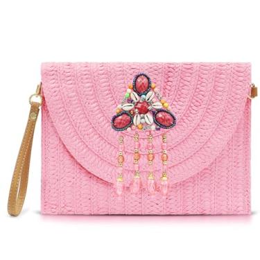 Imagem de Bolsas clutch boêmias para mulheres, bolsa de praia rosa, bolsas transversais, pacote envelope de palha tecido à mão, rosa, One Size
