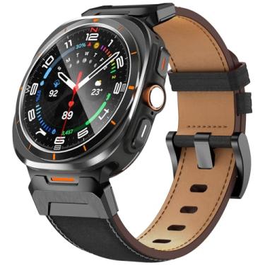 Imagem de FULLIFE Pulseiras de couro compatíveis com Samsung Galaxy Watch 7 Ultra de 47 mm, conector de metal de aço inoxidável resistente, pulseira de couro genuíno alargado para Samsung Watch Ultra 7,