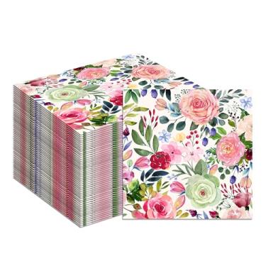 Imagem de Guardanapo de papel floral em aquarela, 40 peças de guardanapos de flores de rosas descartáveis para almoço, suprimentos de festa de flores, decorações de aniversário, guardanapos de papel de jantar
