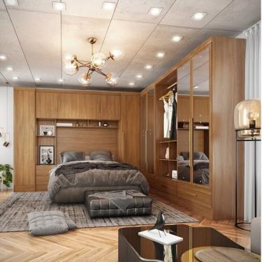 Imagem de Quarto Modulado Casal Completo 6 Peças 6 Portas 5 Gavetas com Maleiro e Espelhos Smart Plus Cinamomo