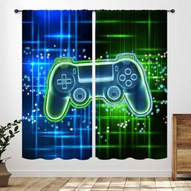 Imagem de Cortinas de jogos para quarto de meninos, cortinas de janela de videogame para crianças, controle de jogo azul e verde, tratamento de janela legal para quarto, sala de jogos, 53 cm L x 114 cm C,