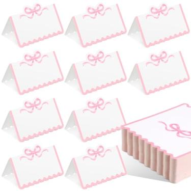 Imagem de Eersida 100 cartões com laço, 5 x 8,5 cm, lindo nó recortado, barraca, nome, cartolina em branco, cartão de saudação para assento, para festa de aniversário e casamento (rosa)
