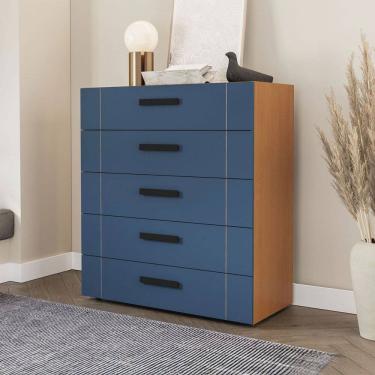 Imagem de Cômoda Lisboa 5 Gavetas Azul/Freijó - Politorno