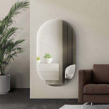 Imagem de Espelho Oval Grande 90 X 50 Moderno Lapidado Com Suporte