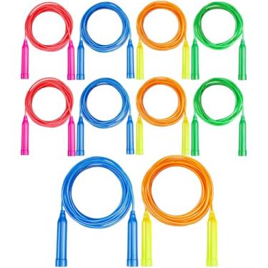 Imagem de Erinnmy Pacote com 10 cordas de pular infantis, cordas coloridas de salto ao ar livre de 2,2 m, cordas de pular de plástico, corda de pular ajustável para festa infantil, presente de recompensa de